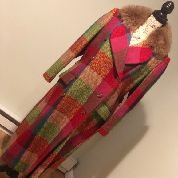 Valentino Jackets & Blazers - Valentino Panache Rainbow Vintage plaid wool midi coat with mink collar size 6.
